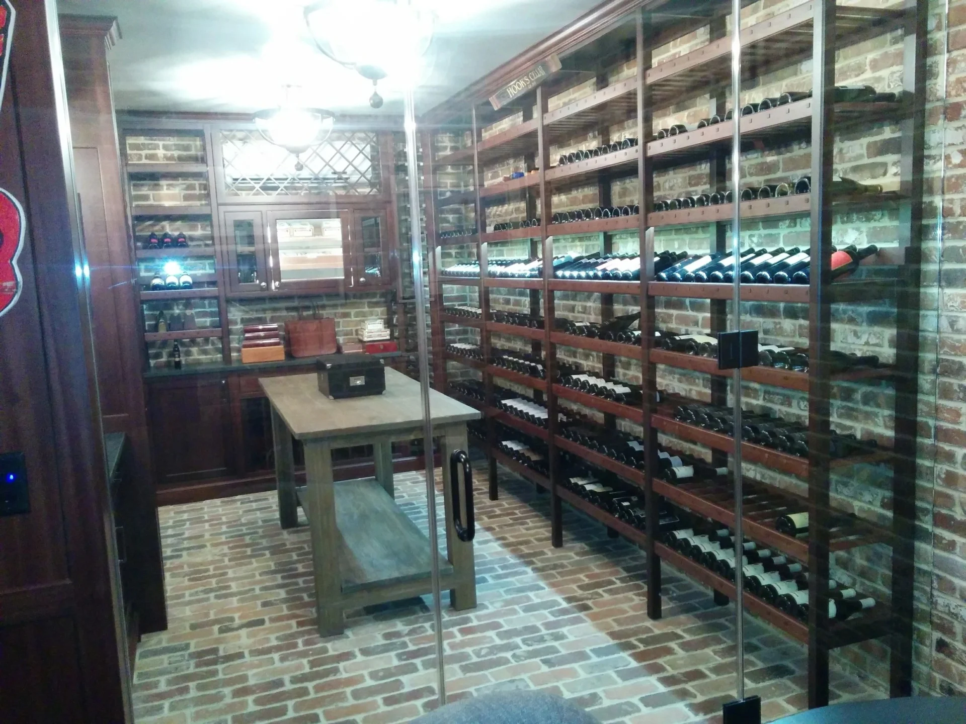 Wine cellar with wooden shelves and table