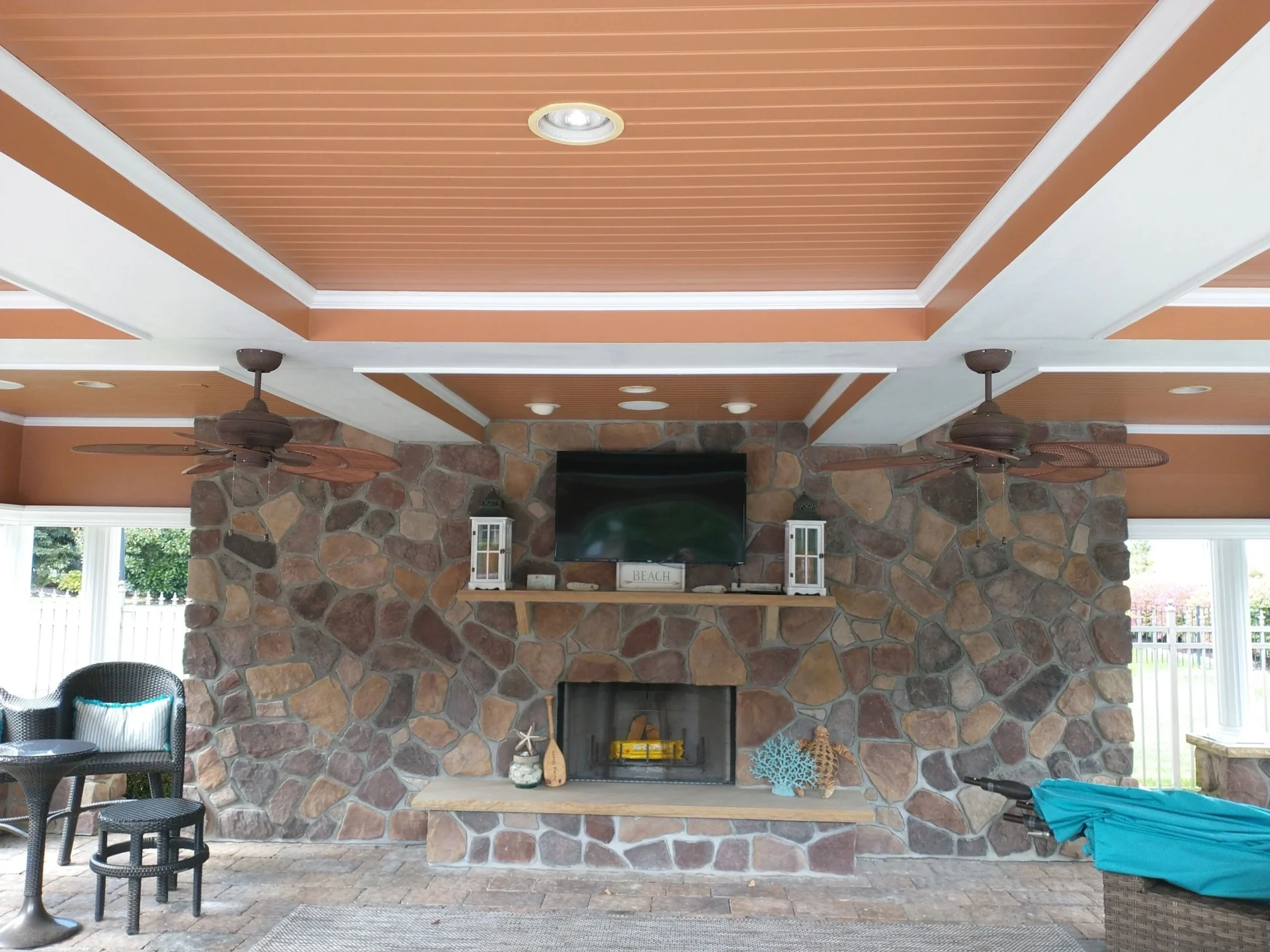 Cozy patio with stone fireplace